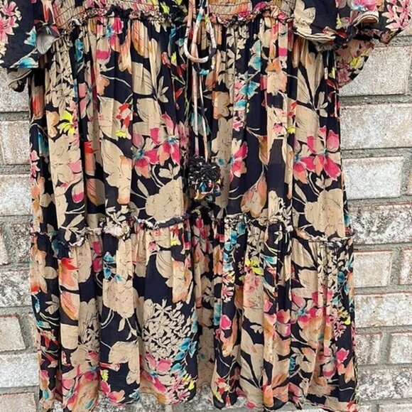 EUC Love Sam boho floral tie front smock waist open sleeve dress size S - Picture 3 of 7